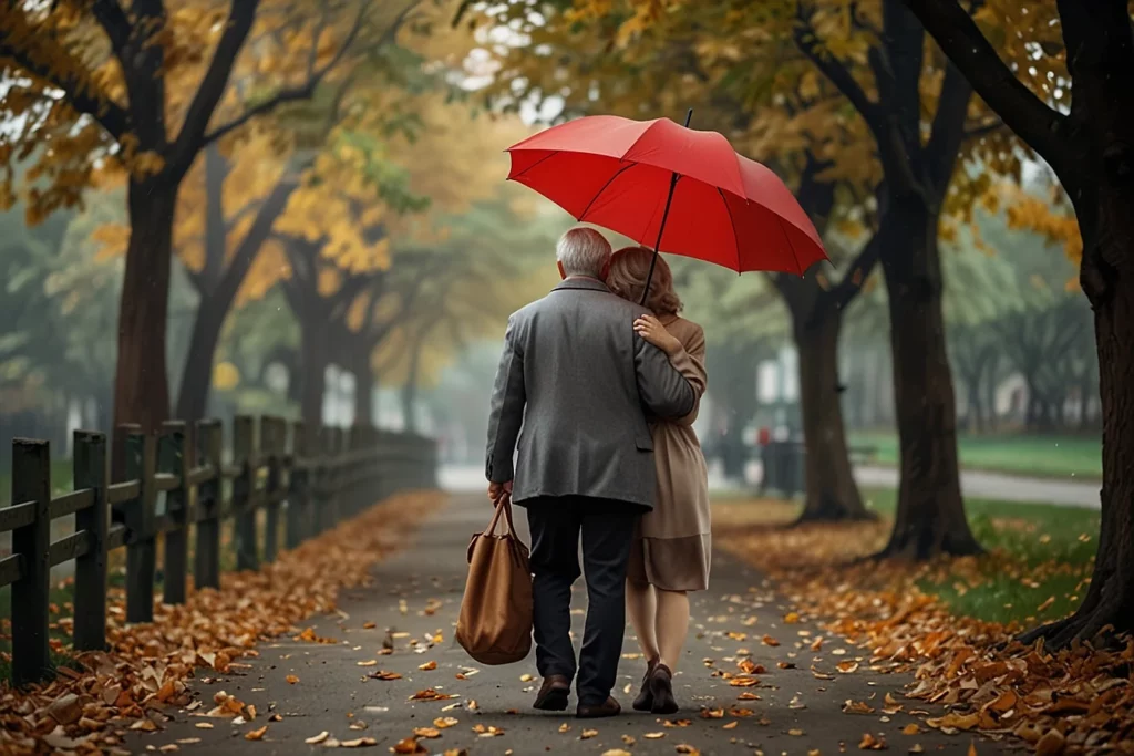 Älteres Pärchen unter einem Regenschirm laufen über einen Parkweg, der mit verwelkten Blättern gesäumt ist.