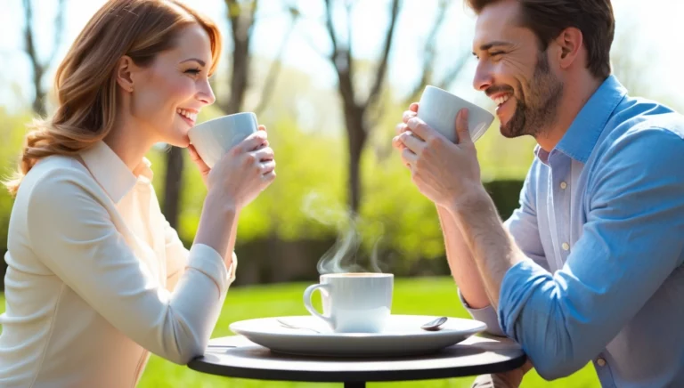 Eion Pärchen trinkt eine Tasse Kaffee bei frühlingshaftem Wetter.